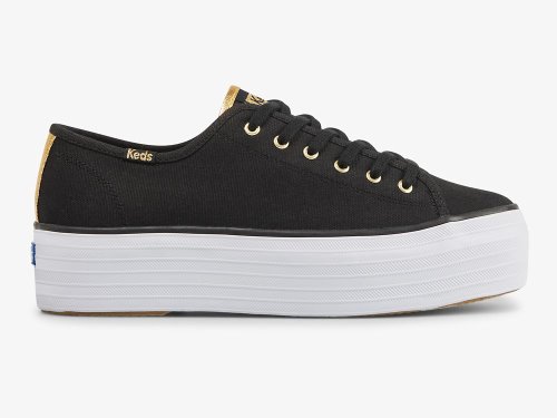 Keds Triple Up Canvas Platform Schoenen Dames Zwart Goud | BE-24417